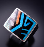 Size 9-3/4 Silver & Turquoise Multistone Navajo Inlay Men's Ring by TSF 3L07B
