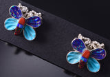Silver & Turquoise Multistone Zuni Inlay Butterfly Earrings by Erva Quam 5G18Q