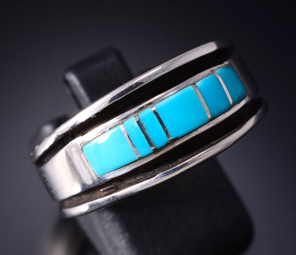 Size 8-1/2 Silver & Turquoise Navajo Inlay Ring by Candace Skeets 5L07A