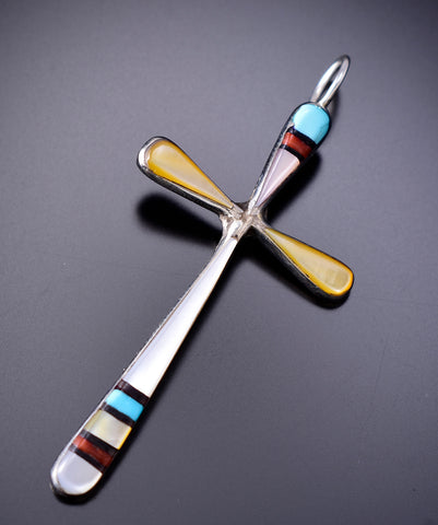 Silver & Turquoise Multistone Zuni Inlay Cross Pendant By Sylvester Noche - 6J31Y