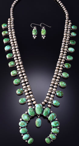 Silver Sonoran Gold Turquoise Squash Blossom Necklace Earring Set T. Smith 6G29N