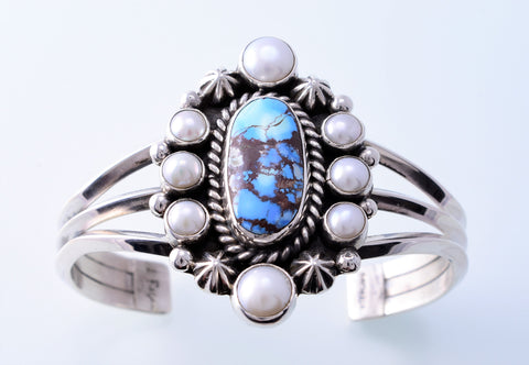 Silver & Golden Hills Turquoise & Fresh Pearl Navajo Bracelet by Erick Begay 3H19Q