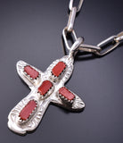 Silver & Coral Zuni Handmade Cross Pendant by Ceceilia Iule 6G29E