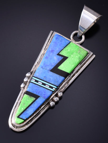 Vintage Silver Multistone Navajo Inlay Long Pendant by Duran Gasper 6A03Y
