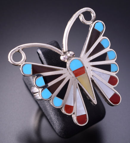 Size 9-3/4 Silver & Turquoise Multistone Zuni Inlay Butterfly Ring by Adrian Wallace 4A19U