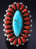 Vintage Size 7-1/2 Silver & Turquoise w/ Coral Navajo Ring 5G12K