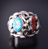 Size 9-1/2 Silver & Turquoise Coral Feathers Navajo Ring by Max Calladitto 4F10M