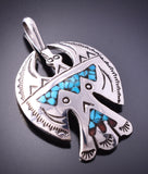 Silver & Turquoise w/ Coral Navajo Chip Inlay Eagle Pendant by Frances Begay 4A29W