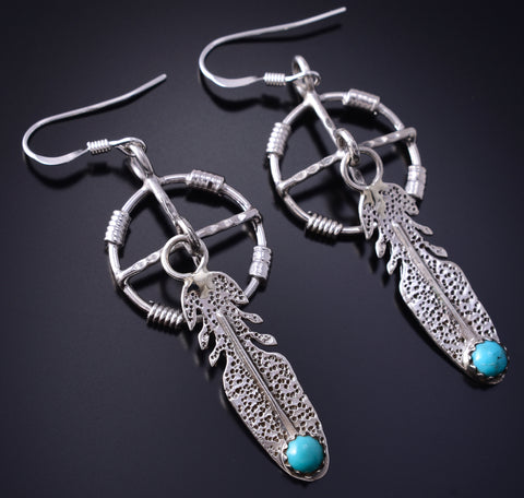 Silver & Turquoise Navajo Medicine Wheel Feather Earrings Sharon McCarthy 5G18L