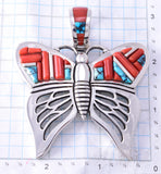 Silver & Coral & Turquoise Navajo Inlay Butterfly Pendant by Erick Begay 3H20Y