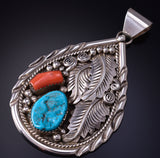 Silver & Turquoise w/ Coral Eagle Feathers Navajo Pendant Julia Etsitty 5J18Z