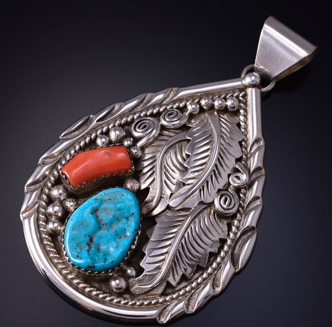 Silver & Turquoise w/ Coral Eagle Feathers Navajo Pendant Julia Etsitty 5J18Z