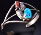 Vintage Silver & Turquoise w/ Coral Navajo Feathers Bracelet 5H25W