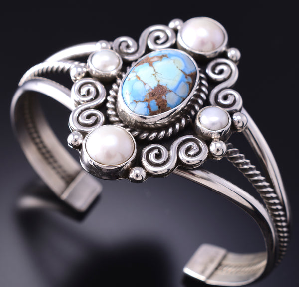 Silver & Golden Hills Turquoise Fresh Pearl Navajo Bracelet by Erick Begay 6F27Z