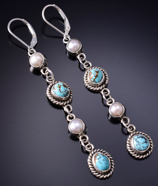 Silver & Golden Hills Turquoise w/ Fresh Pearl Navajo Earrings Erick Begay 6F27B