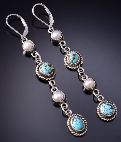 Silver & Golden Hills Turquoise w/ Fresh Pearl Navajo Earrings Erick Begay 6F27B