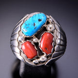 Size 11-3/4 Silver & Turquoise & Coral Navajo Men's Ring by Alvery Smith 3D06T