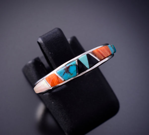 Size 5-1/2 Silver & Turquoise Multistone Navajo Inlay Ring by TSF 3L07V