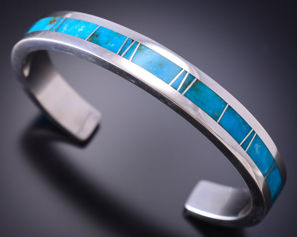 Navajo Silver Bracelet With Kingman Turquoise Inlay by Tim Wilson - 6K28F