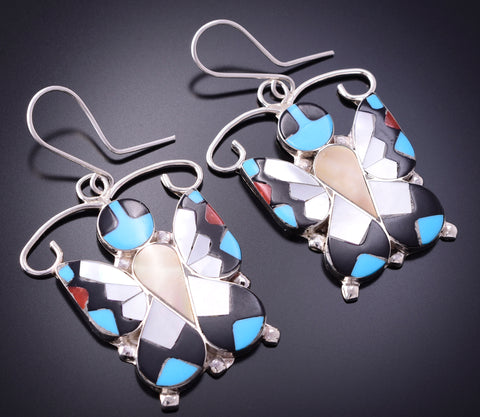 Silver Turquoise Multistone Zuni Inlay Butterflies Earrings Alison Dishta 4A12Z
