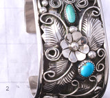 Silver & Turquoise Navajo Feathers 'n Flowers Bracelet by Jerry Thompson 6H31W