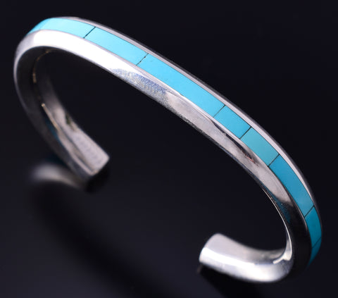 Vintage Silver & Turquoise Zuni Inlay Bracelet by Troy Natachu 5E06H