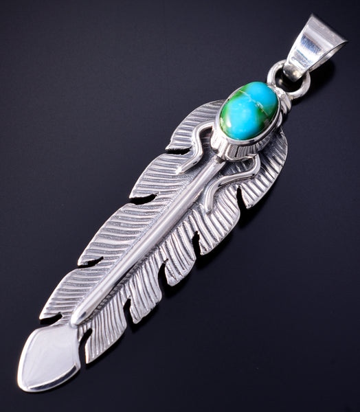 Silver & Sonoran Gold Turquoise Navajo Feather Pendant by June Delgarito 5L17Q