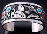 Turquoise & Coral Navajo Woman Hummingbird Bracelet by Philbert Begay 3J30A