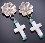 Silver & Mother of Pearl w/ Turquoise Navajo Cross Earrings Ravis Henry 6D20G
