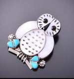 Silver & Mother of Pearl w/ Turquoise Zuni Inlay Owl Pendant & Brooch by Regina Kallestewa 3F12Y