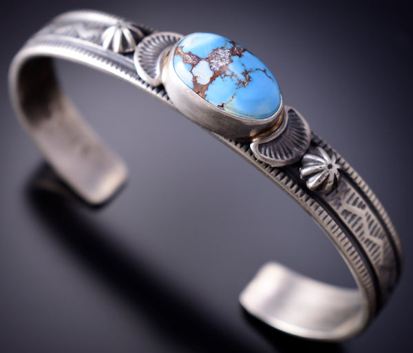 Navajo Stamped Silver Bracelet with Golden Hills Turquoise by Francis Yazzie 6K28M