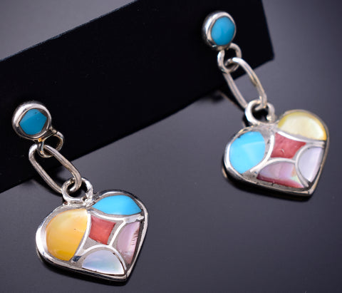 Silver & Turquoise Multistone Zuni Inlay Heart Earrings by Orena Leekya 6D22R