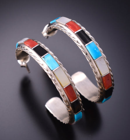Silver & Turquoise Zuni Inlay Hoop Earrings by Malcolm Chavez 3G03P