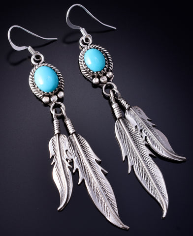 Silver & Turquoise Double Eagle Feather Navajo Earrings by Rita Largo 5G18T