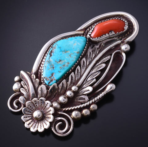 Vintage Silver & Turquoise w/ Coral Eagle Feather Flower Navajo Pendant 5K17X