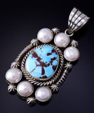 Silver & Golden Hills Turquoise Fresh Pearl Navajo Pendant by Erick Begay 5F30V