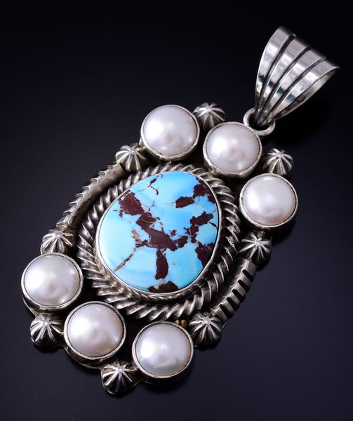 Silver & Golden Hills Turquoise Fresh Pearl Navajo Pendant by Erick Begay 5F30V