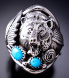 Size 10 Silver & Turquoise Navajo Grizzly Bear Men's Ring Darrell Morgan 6J30G