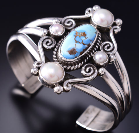 Silver & Golden Hills Turquoise Fresh Pearl Navajo Bracelet by Erick Begay 6F27Y