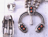Vintage Silver & Coral 3- Piece Navajo Necklace & Bracelet w/ Ring SET 4K28J