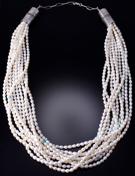 28" 10-Strand Fresh Water Pearl & Turquoise Navajo Necklace by Erick Begay 6J23V