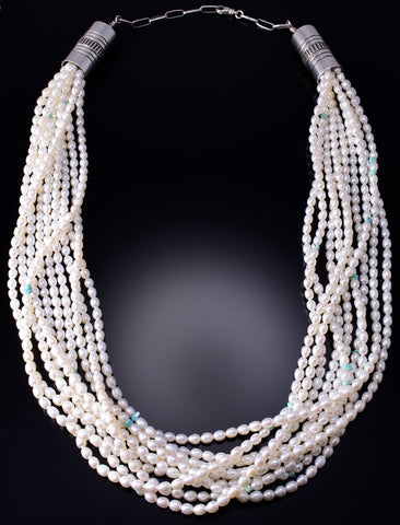 28" 10-Strand Fresh Water Pearl & Turquoise Navajo Necklace by Erick Begay 6J23V