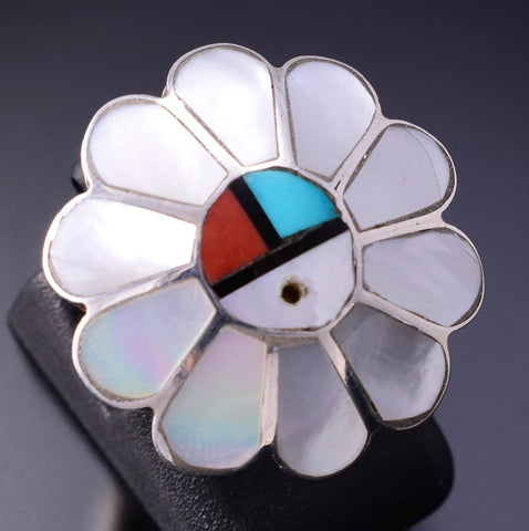 Vintage Size 4-3/4 Silver & Turquoise Multistone Zuni Sunface Inlay Ring 4K28R