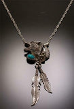 Wonderful Silver Howling Wolf & Turquoise Necklace - Navajo Handmade 4D11F