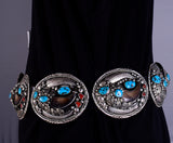 Vintage Concho Belt by Elaine Sam Turquoise, Coral and Bearclaws - 5L11Q