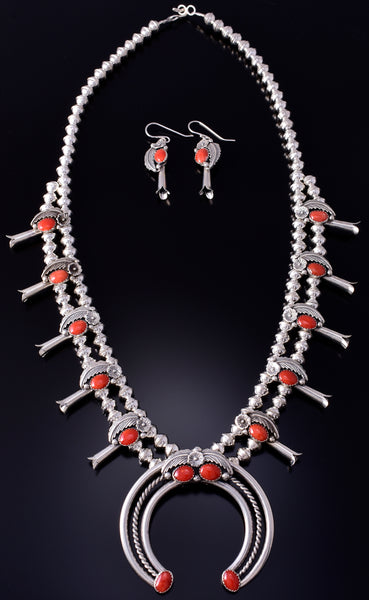 Silver & Coral Navajo Handmade Squash Blossom Necklace & Earring Set - TS 5G28P