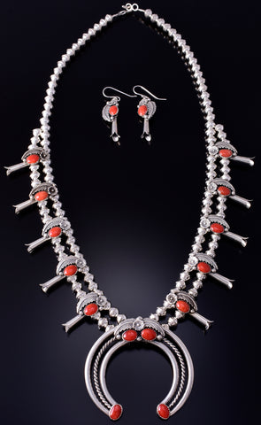 Silver & Coral Navajo Handmade Squash Blossom Necklace & Earring Set - TS 5G28P