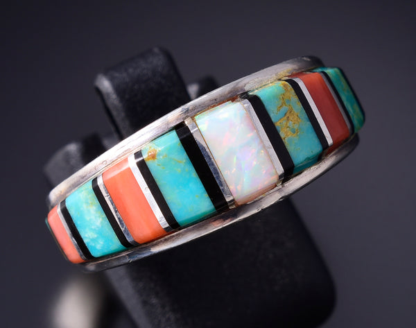 Size 9 Vintage Silver Multistone Navajo Inlay Ring by Abraham Begay 6A03J