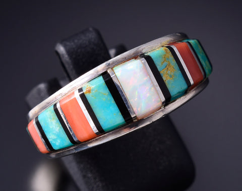 Size 9 Vintage Silver Multistone Navajo Inlay Ring by Abraham Begay 6A03J