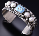 Silver & Golden Hills Turquoise Fresh Pearl Navajo Bracelet by Erick Begay 6F27P